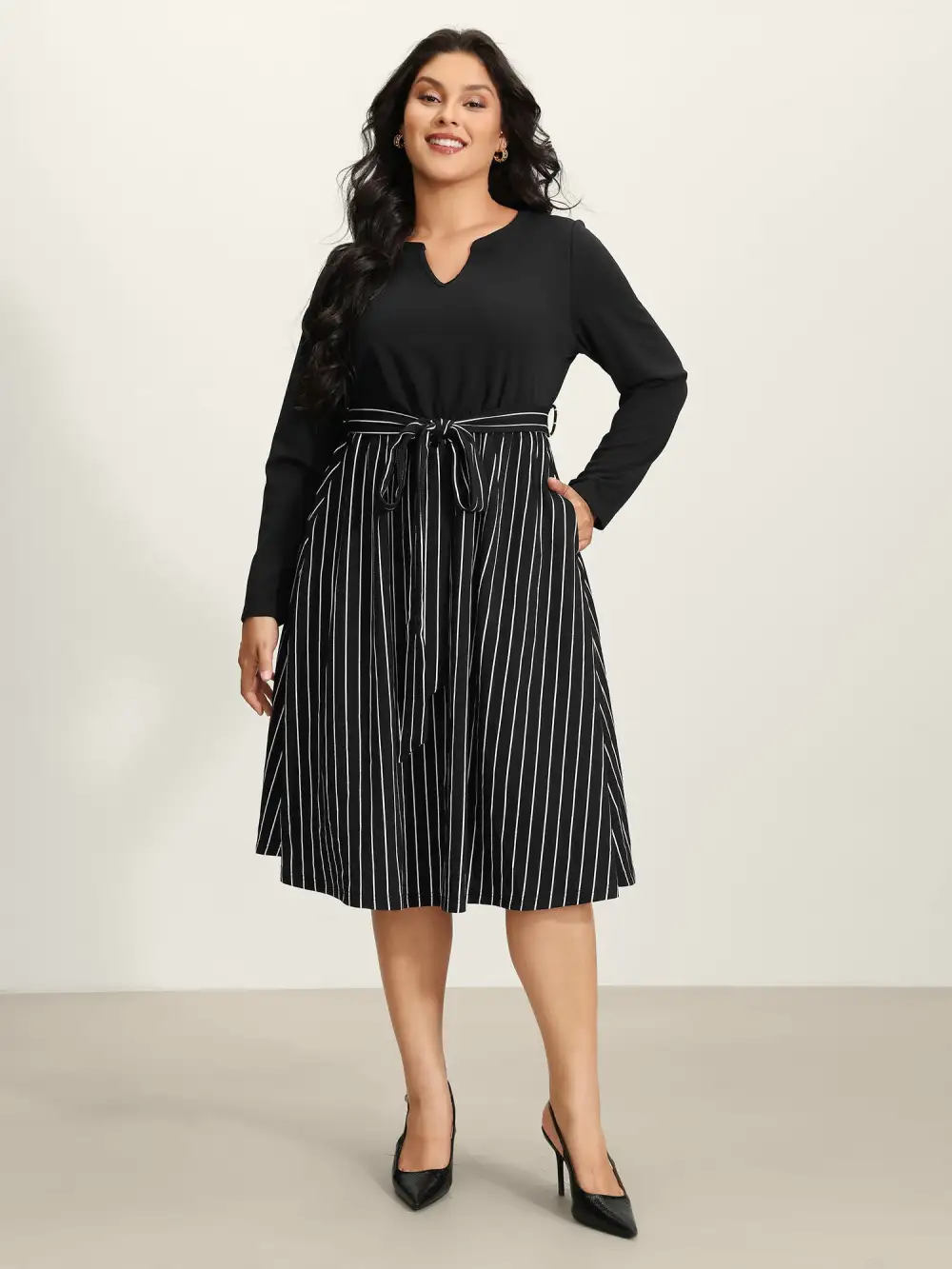 Stripes Color Contrast Belted Midi Dress
