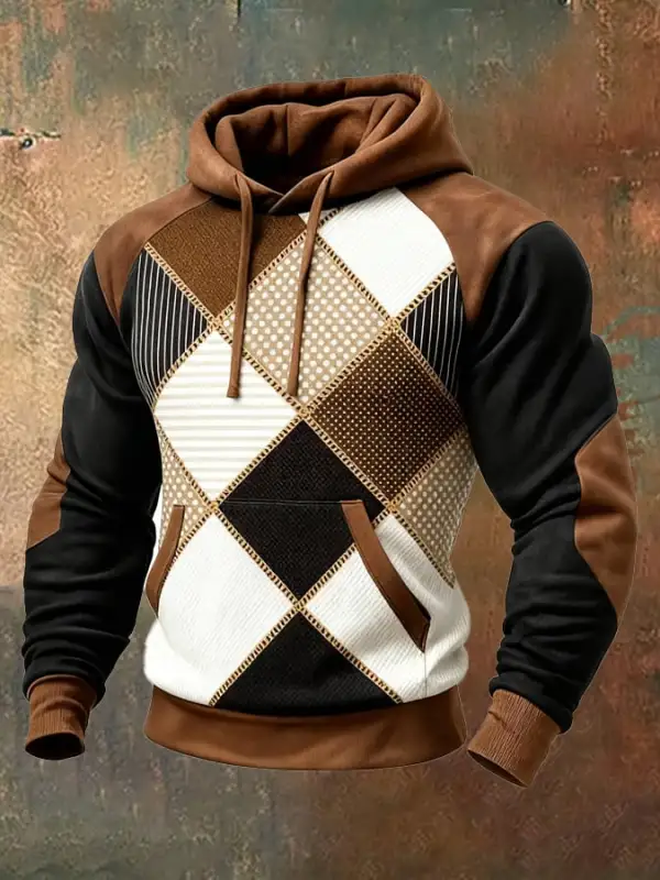 Men's Retro Distressed Color Block Print Casual Long Sleeve Sweatshirt