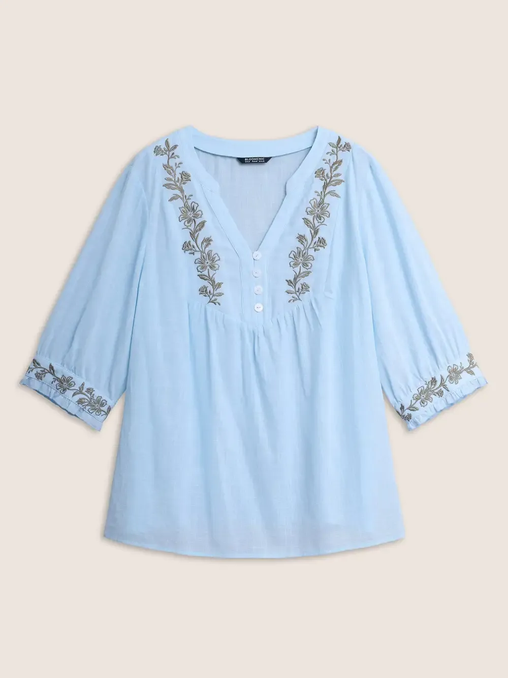 Cotton Floral Embroidered Notched Collar Frill Trim Blouse