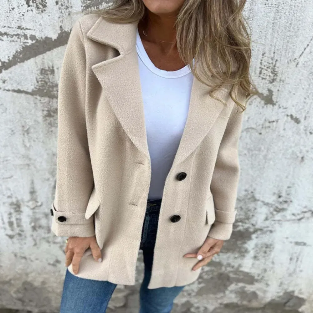 Women Wool Blend Coat 2024 Fall Lapel Single Breasted Mid Length Trench Coat Jacket Open Front Solid Long Sleeve Jacket
