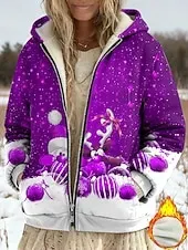 Women's Winter Coat Fleece Jacket Casual Jacket Warm Zipper Pocket Print Fashion Casual Christmas Street Casual Regular Hooded Regular Fit Long Sleeve Outerwear Red Blue Purple Spring Fall