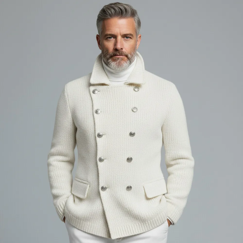 Men's White Ribbed Knit Double Breasted Turndown Collar Long Sleeve Sweater Cardigan