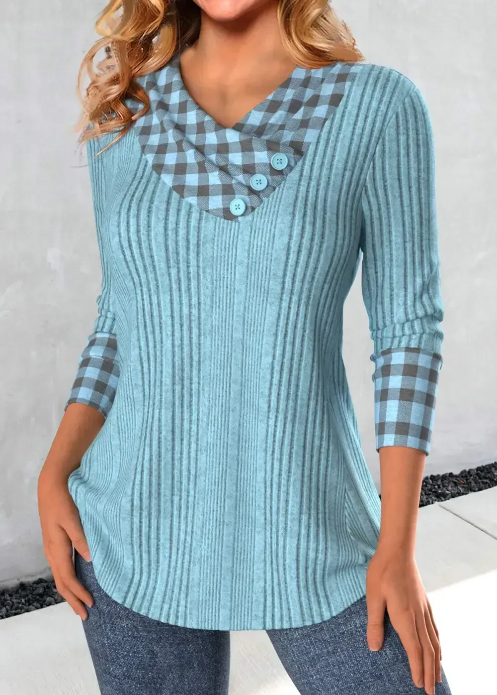 Dusty Blue Patchwork Plaid Long Sleeve Sweatshirt