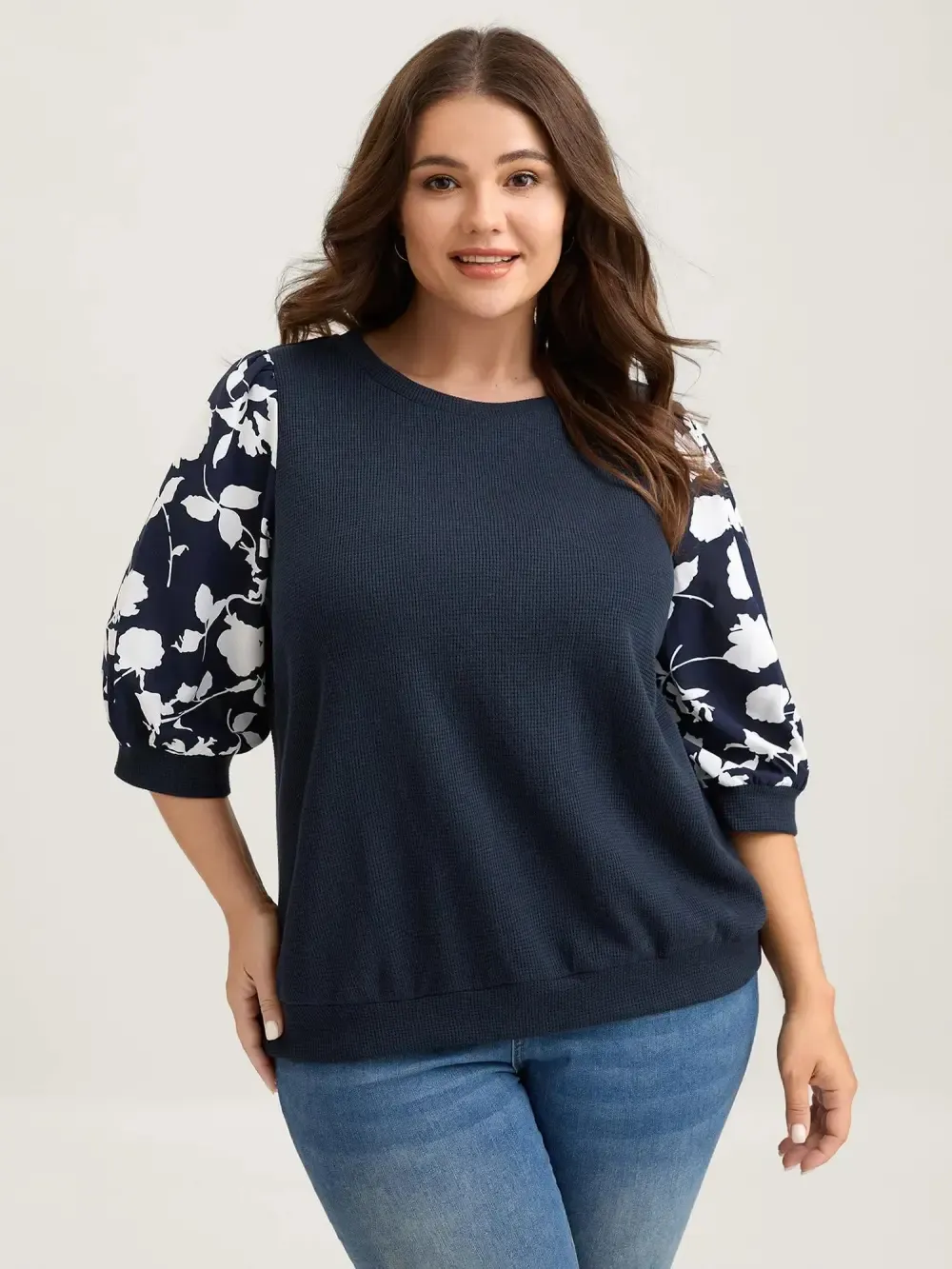 Textured Floral Puffy Sleeve Sweatshirt