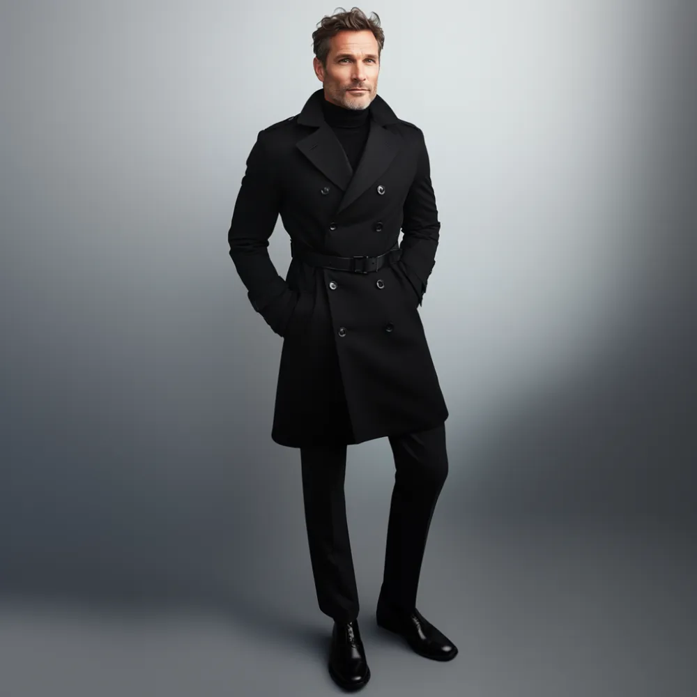 Men's Business Lapel Collar Double Breasted Belt Trench Coat