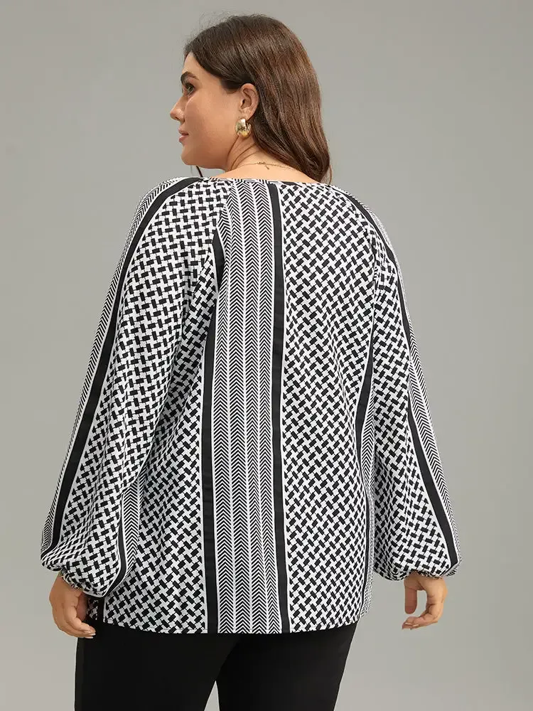 Geo Striped Tie Lantern Sleeve Blouse