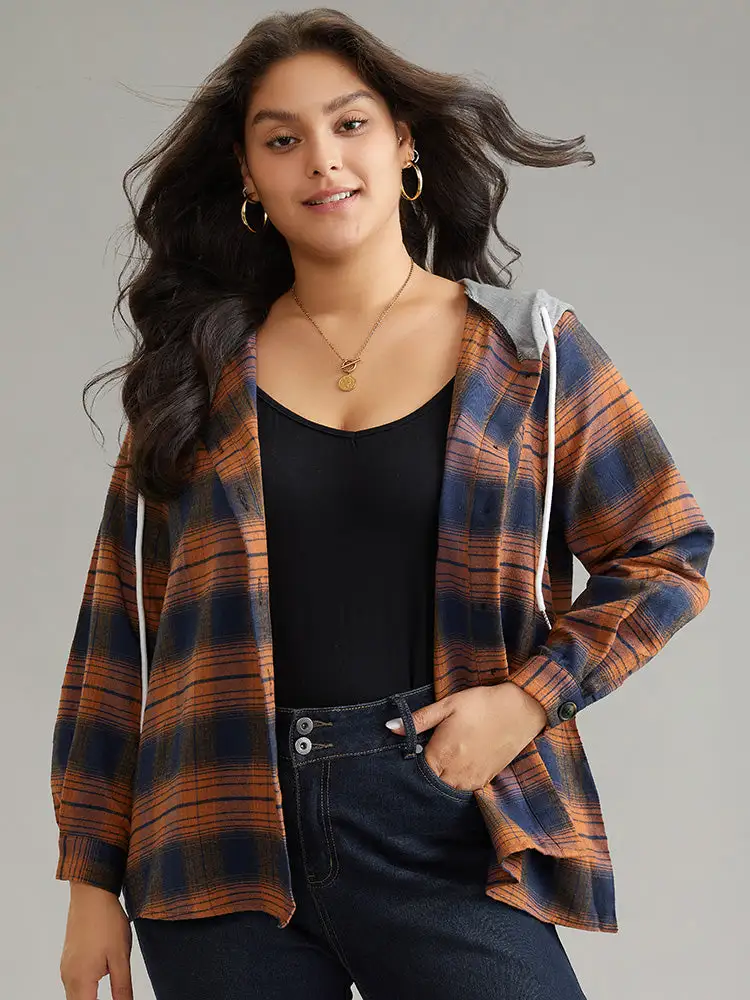 Plaid Patchwork Hooded Drawstring Button Through Jacket