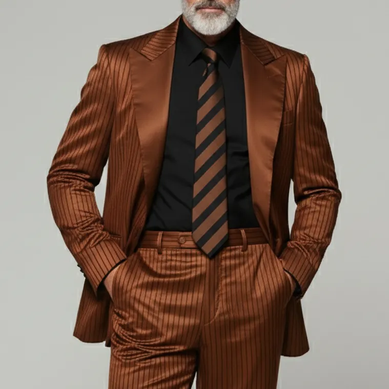 Men's Brown Pinstriped Peaked Lapel One Button Long Sleeve Satin Blazer