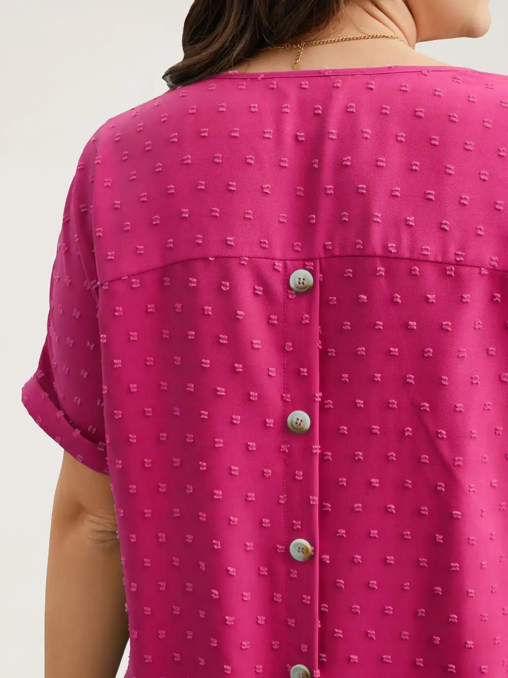 Back-Button Textured V-Neck Shirt