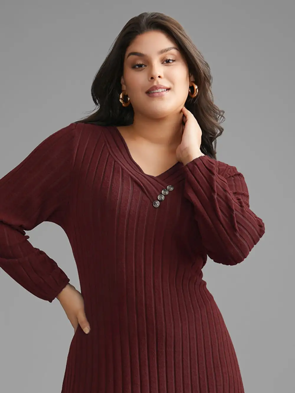 Plain Rib Knit Button Detail Dress