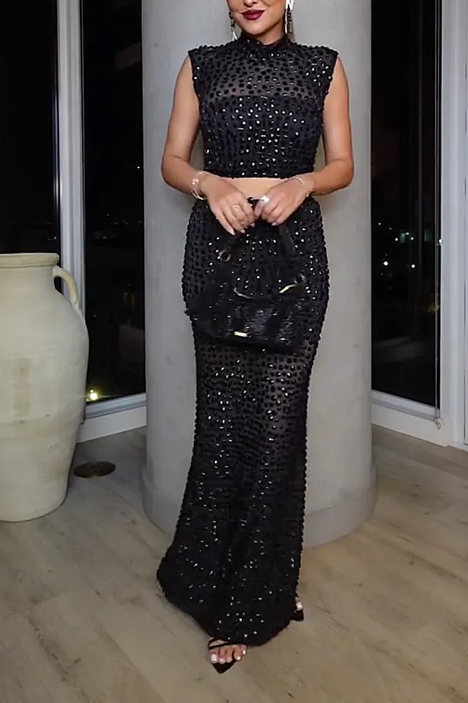 Women's fashion shiny sleeveless top and skirt two-piece set