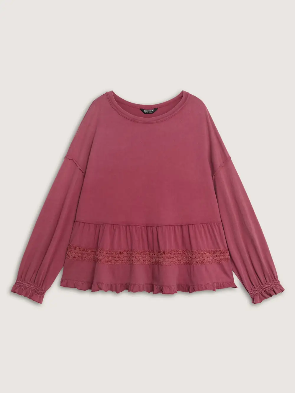 Washed Lace Trim Tiered Round Neck Sweatshirt