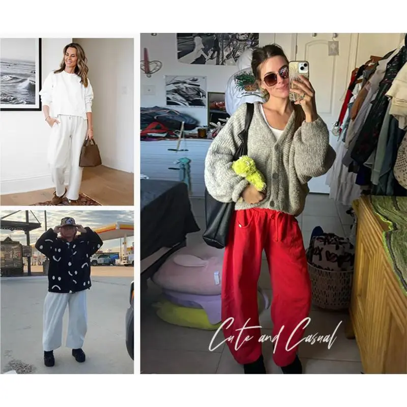 Women's Cotton Barrel-Leg Sweatpants (Drawstring Waist, Pockets)