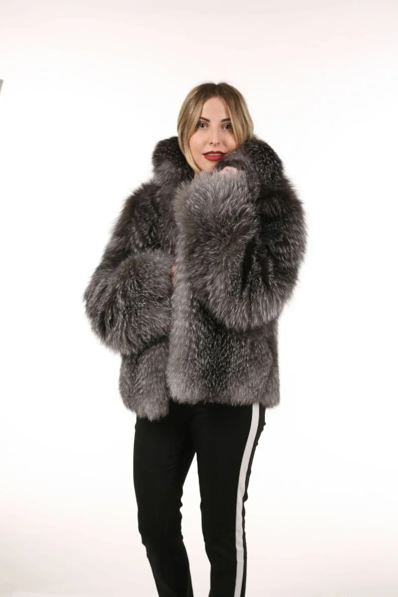 Blue frost Fur Waist Length Jacket