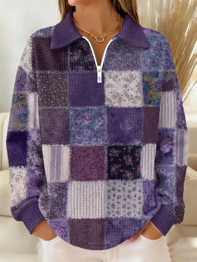 Women's Purple Floral Print Lapel Plaid Top