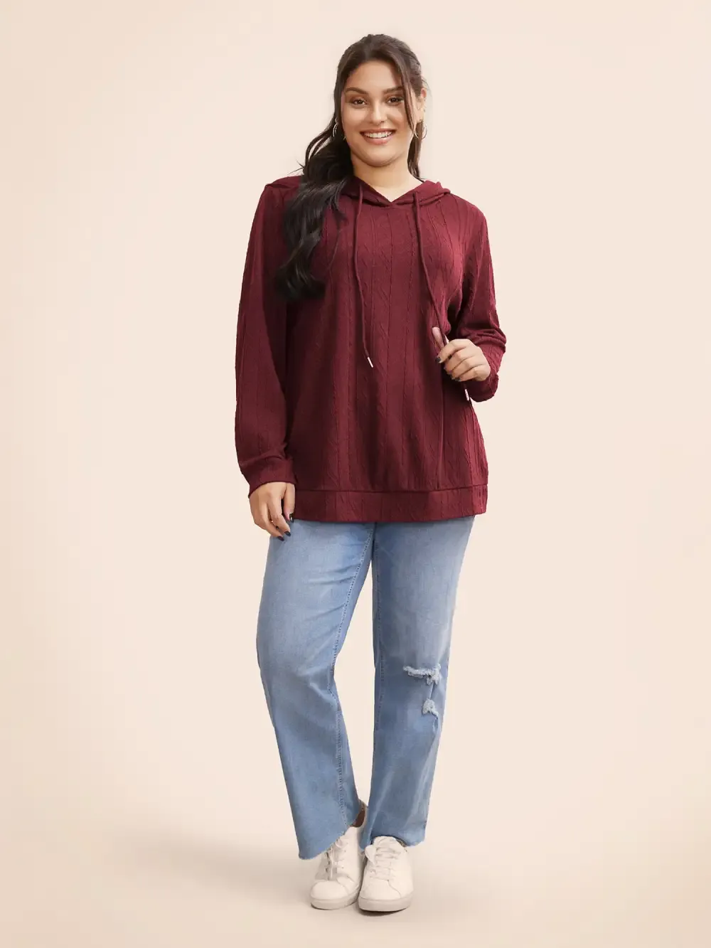 Plain Textured Hooded Drawstring Sweatshirt