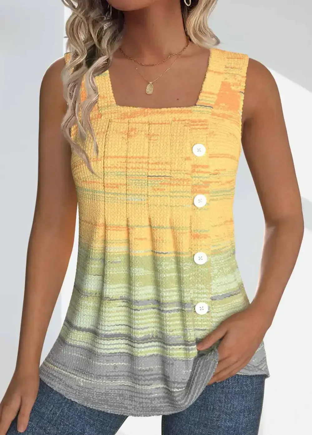Light Yellow Button Ombre Sleeveless Square Neck Tank Top