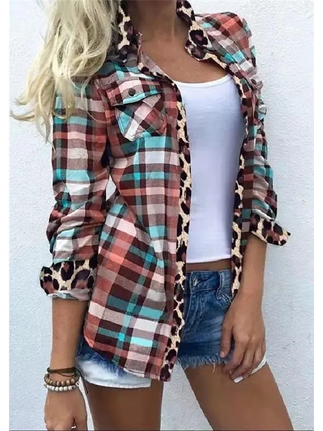 (Fall Clearance Sale🔥）Women's Shirt Blouse Shacket Plaid Color Block Button Print Long Sleeve Daily Weekend Streetwear Casual Shirt Collar Regular