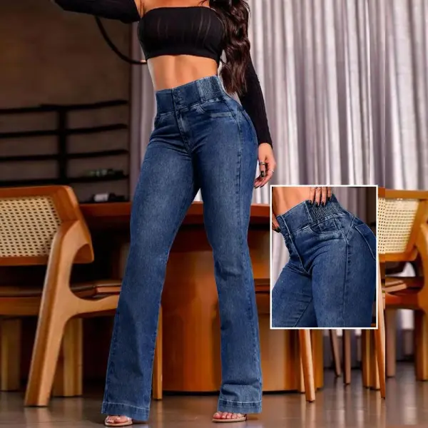 Women's Back Shirred Button Front Jeans High Waist Pants with Pockets