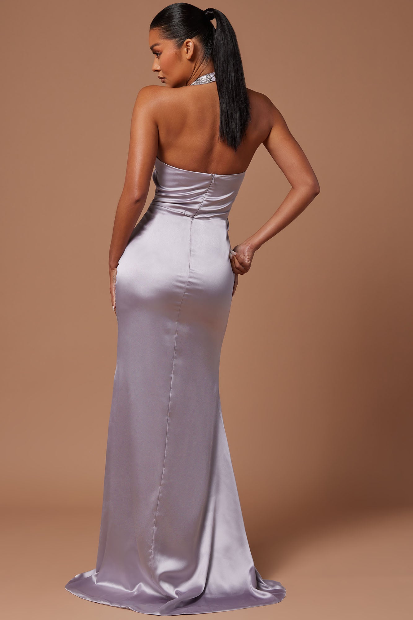Marnee Satin Embellished Gown - Grey