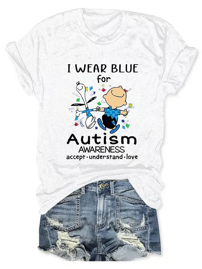 Women'S T-Shirt Round Neck Autism Awareness I Wear Autism Printed T-Shirt Pure Cotton Short Sleeves