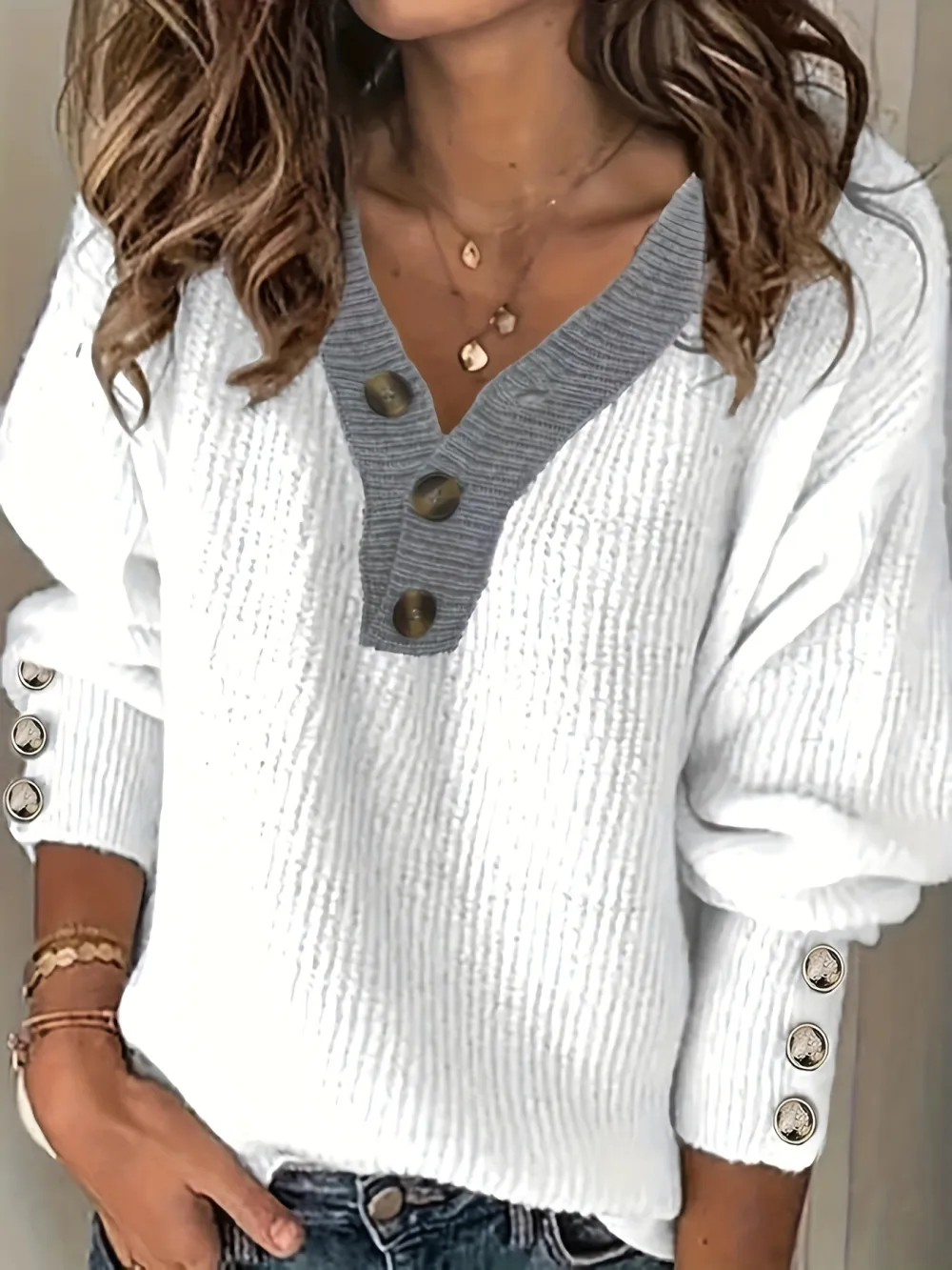 Chic Contrast Trim Womens V Neck Sweater