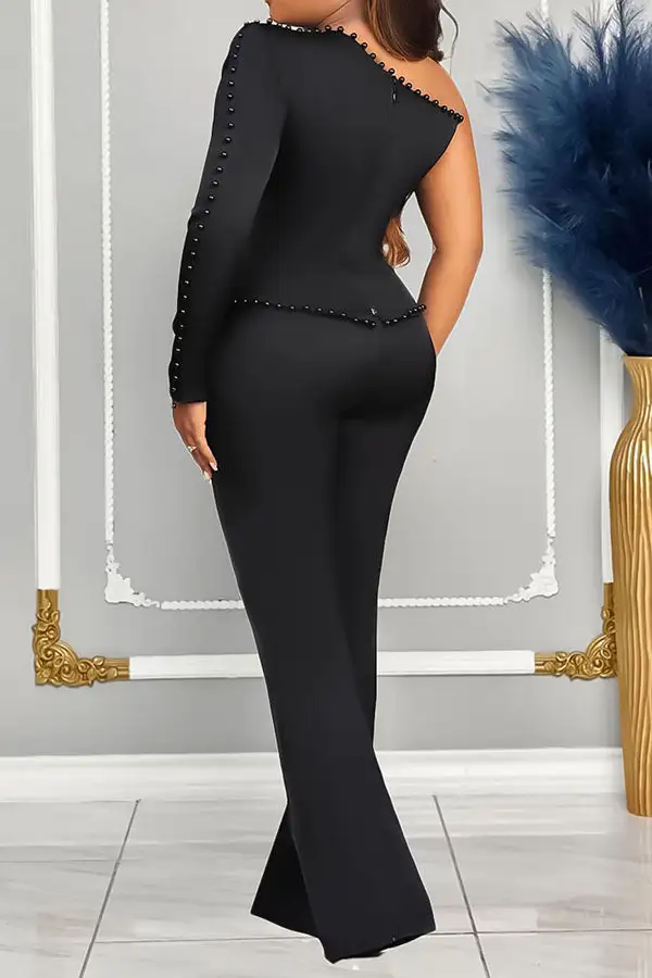 Beaded Decor Glamorous One Shoulder Pant Suit