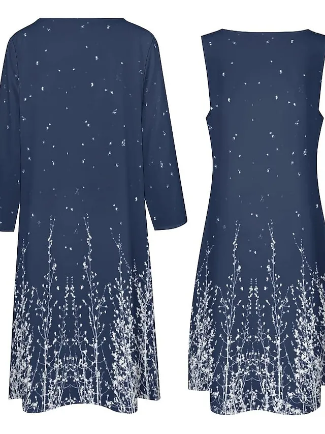 Women's Two Piece Dress Church Dress Long Dress Maxi Dress Dusty Blue Long Sleeve Color Block Print Summer Spring Crew Neck Stylish Winter Dress Fall Dress Loose Fit 2023 S M L XL XXL 3XL 4XL 5XL