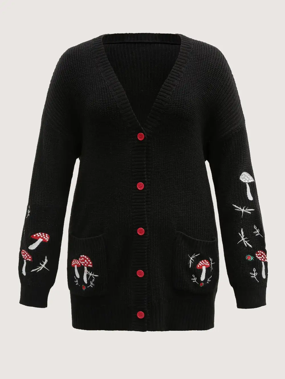 Mushroom Embroidery Textured Button Cardigan