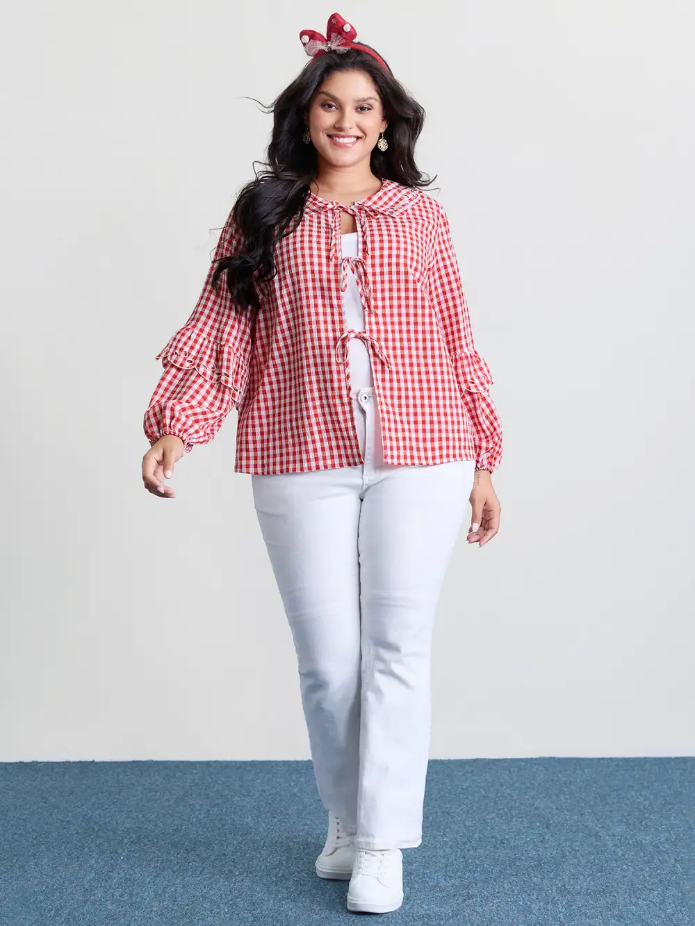 Gingham Embroidered Bow Tie Open-Front Shirt