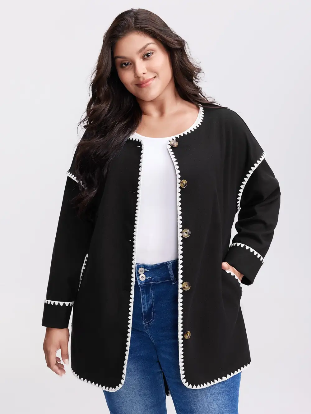 Overlock Stitch Color Contrast Belted Jacket