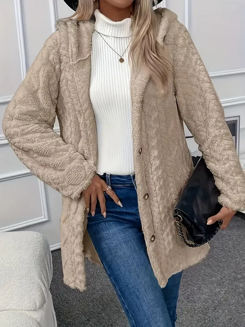 Luxurious Faux Fur Teddy Coat - Elegant Long Sleeve Split Side Hooded Outwear for Women - Soft, Warm, and Chic Winter Clothing
