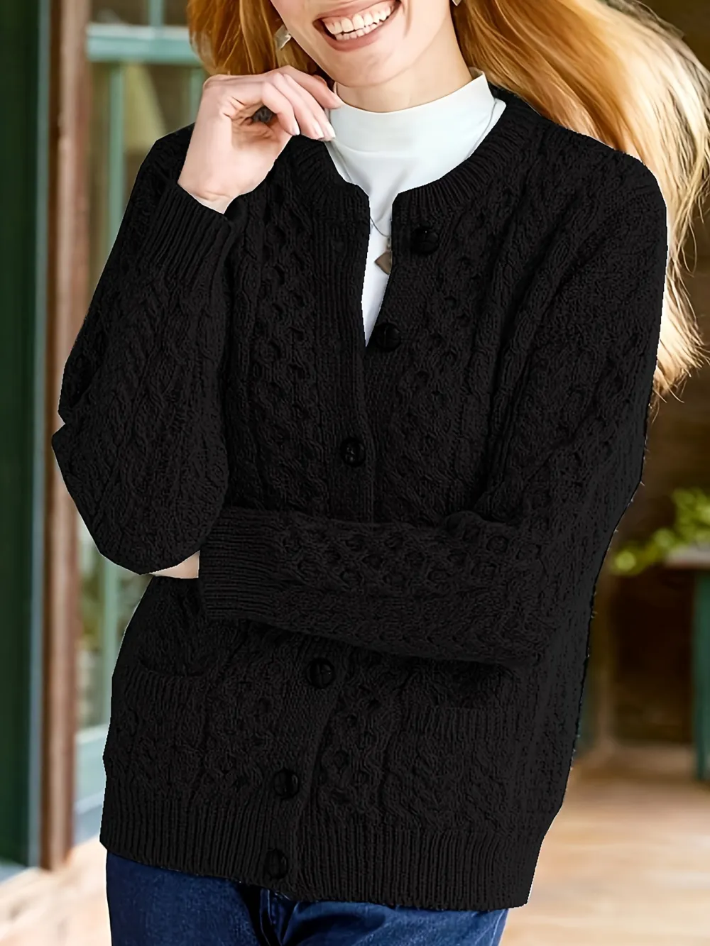 Cozy Chic Cardigan - Soft Knit, Crew Neck, Long Sleeve, Pocket Detail, Casual Women's Sweater for Everyday Wear
