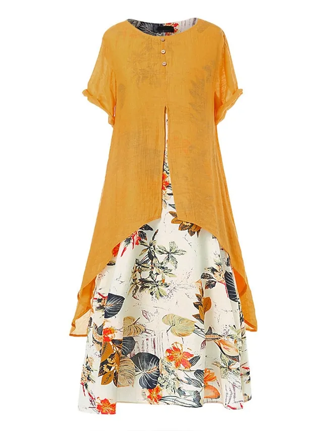 Women's Casual Dress Linen Dress Swing Dress Long Dress Maxi Dress Green Short Sleeve Floral Patchwork Summer Spring Crew Neck Fashion 2023 5XL