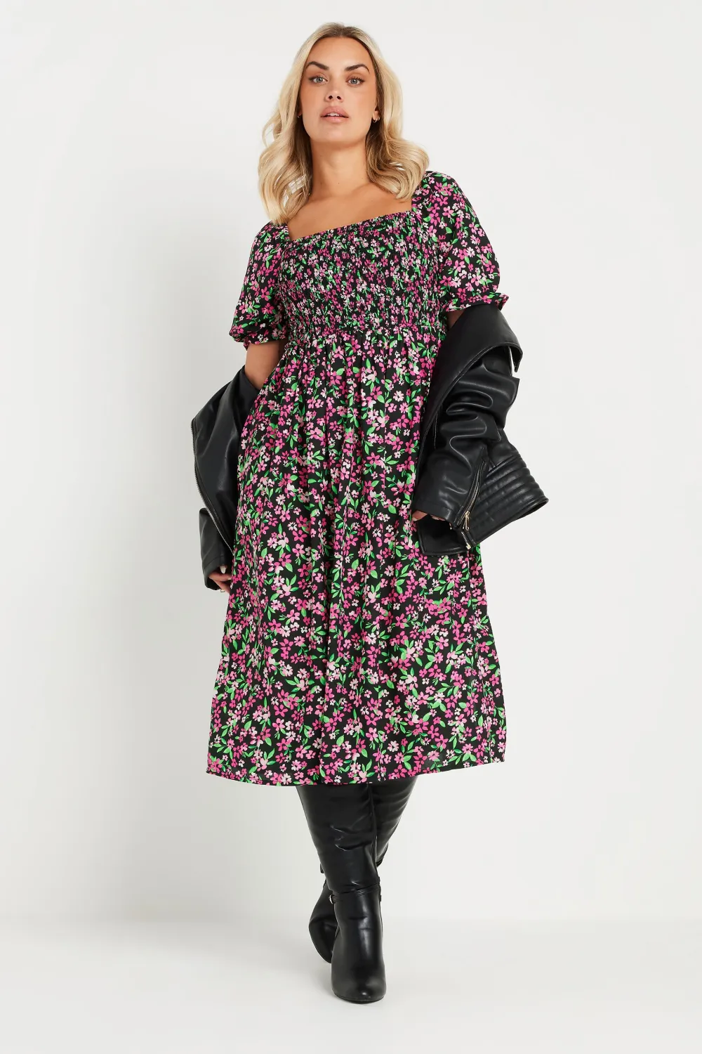 YOURS Curve Black Floral Print Shirred Midi Dress