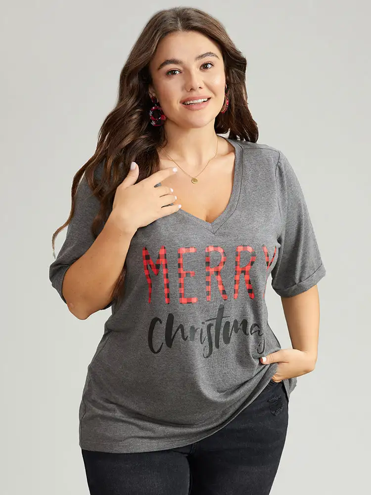 Christmas Gingham Patchwork V Neck T-shirt