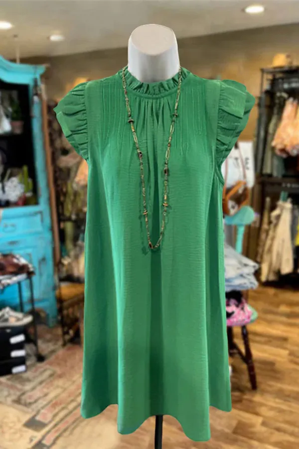 Solid Ruffle Sleeve Pleated Dress