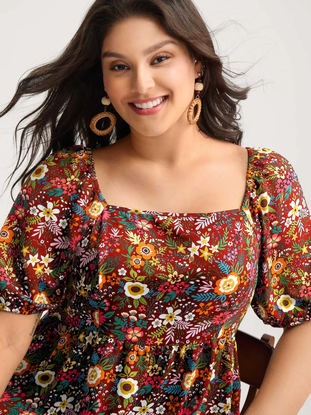 Floral Square Neck Fit and Flare Blouse