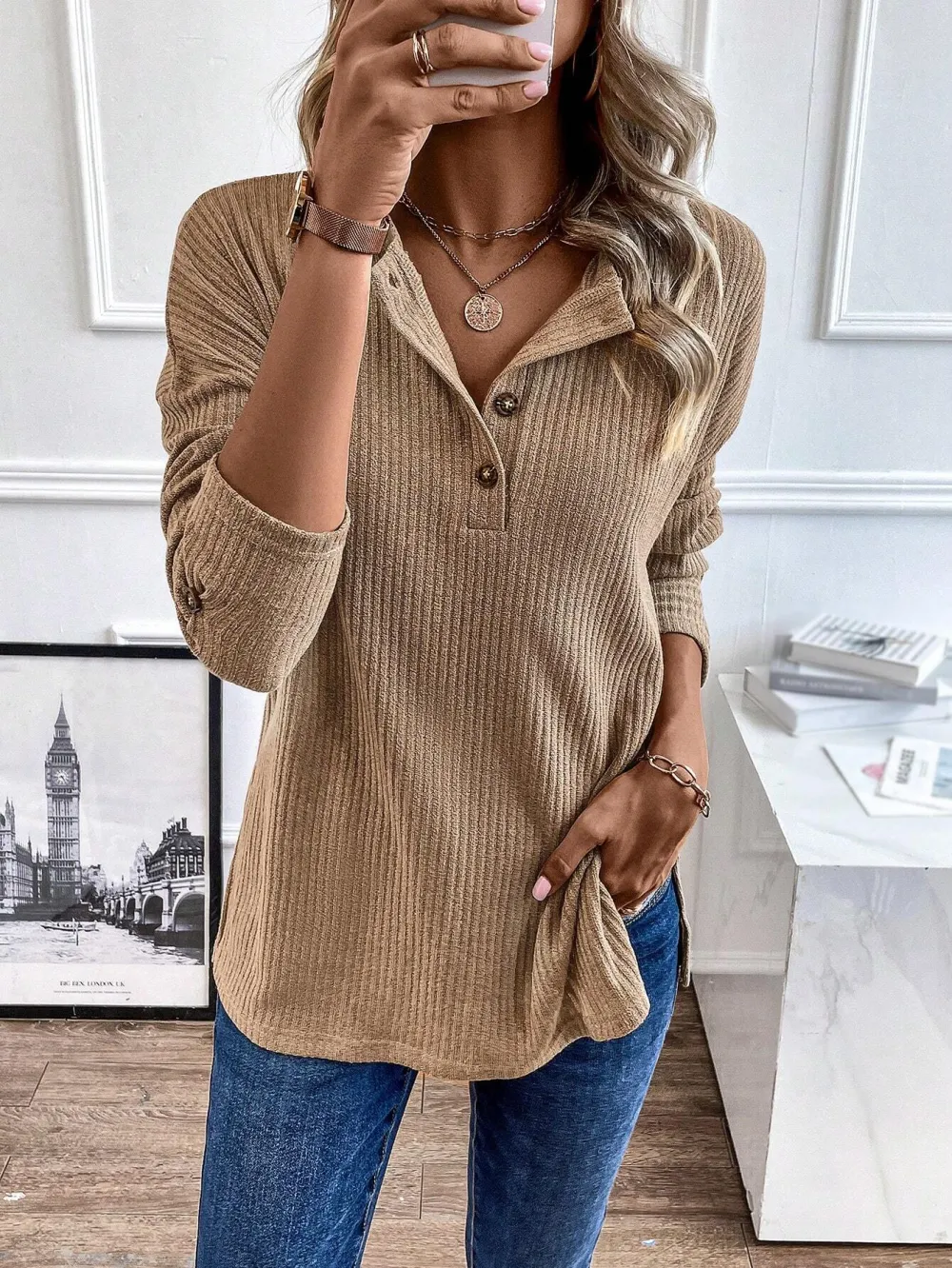 Women's Half Button Long Sleeve Tee Drop Shoulder Rib Knit T Shirt Tops