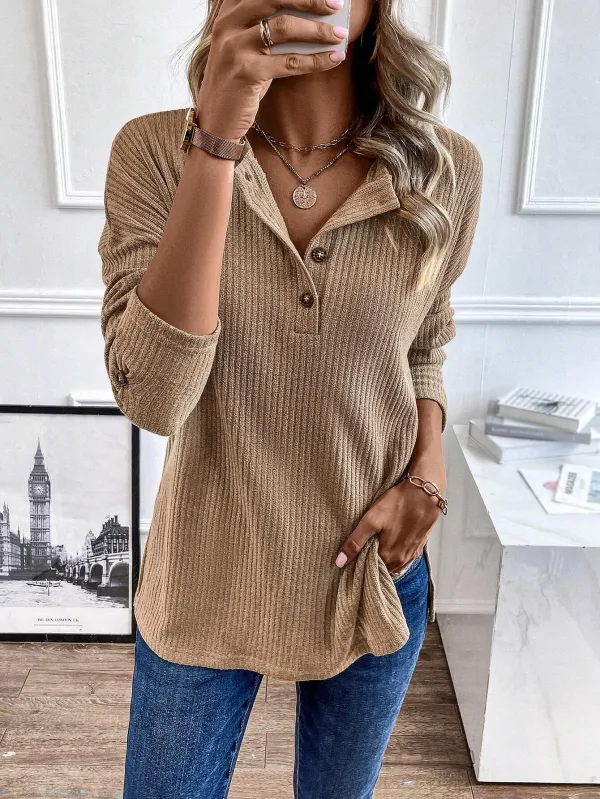 Women's Half Button Long Sleeve Tee Drop Shoulder Rib Knit T Shirt Tops
