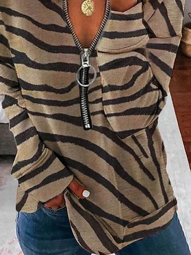 Women's Sweatshirt Pullover Active Quarter Zip Brown Striped Casual Sports V Neck Long Sleeve Top Micro-elastic Fall & Winter