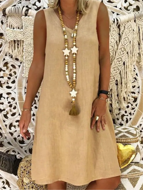 Plus Size Linen V Neck Sleeve Solid Midi Dresses (Without Necklace)