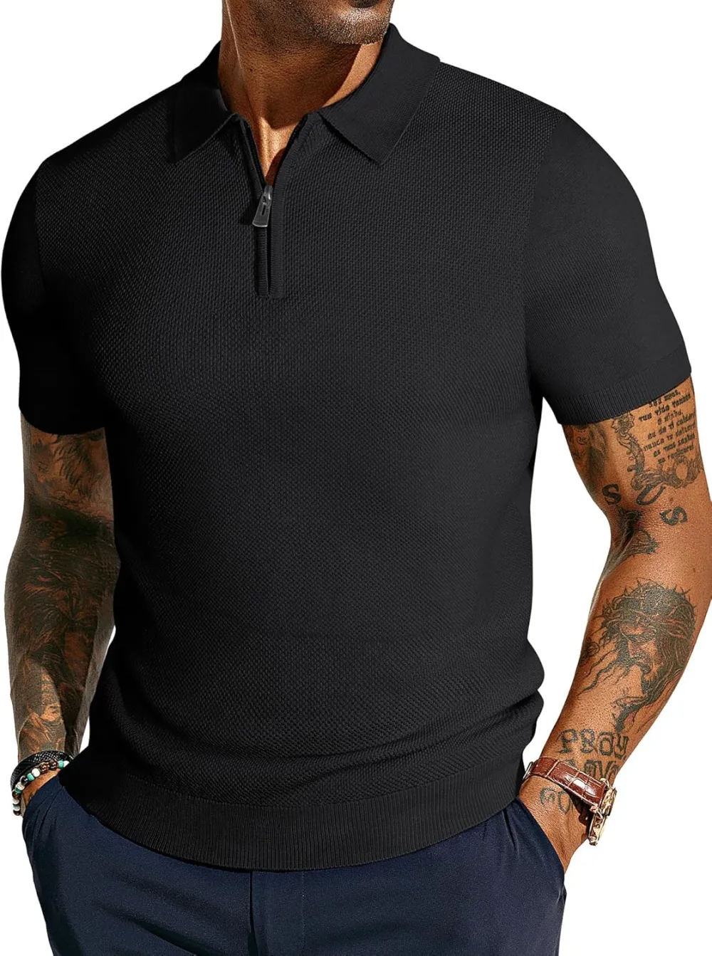 Men's Zipper Polo Shirt Textured Casual Knit Short Sleeve Polo T Shirt