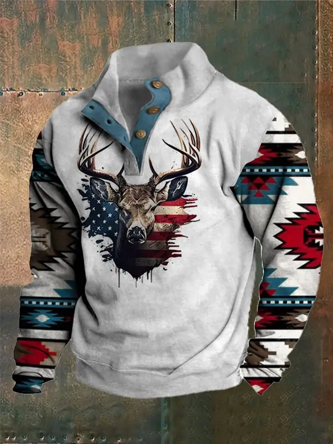Men's Western Style Printed Stand Collar Button Sweatshirt