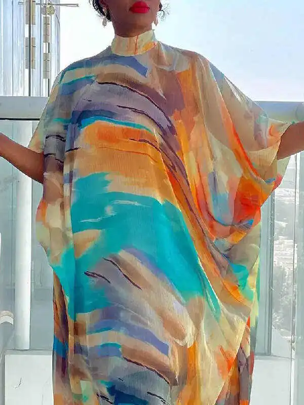 Vacation Batwing Sleeves Contrast Color Printed High-Neck Maxi Dresses