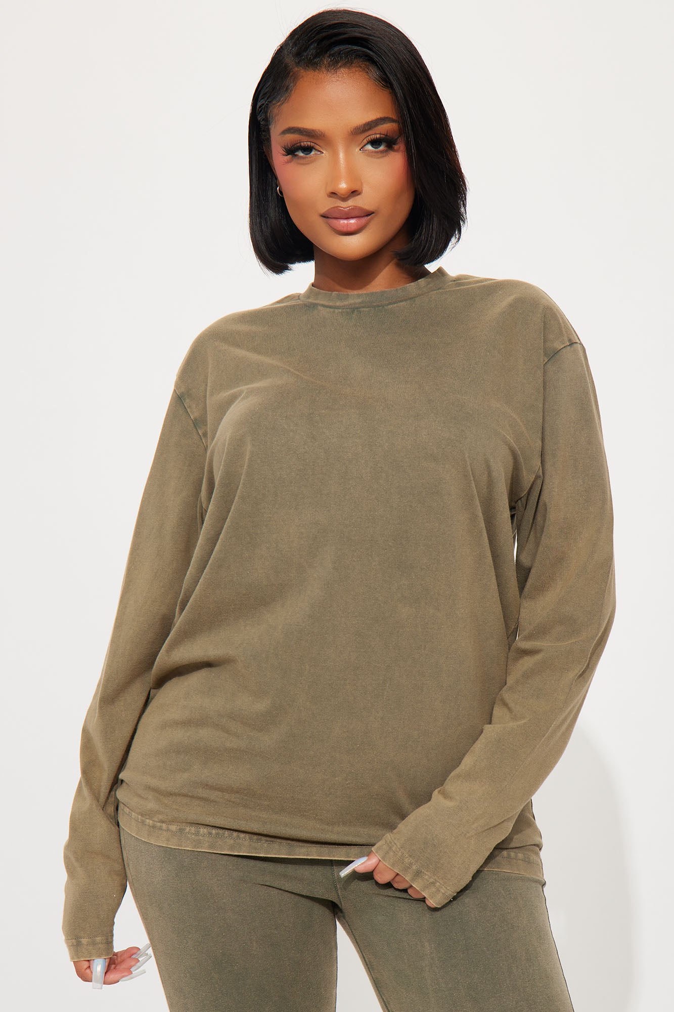 Stepping Out Mineral Wash Long Sleeve Legging Set - Olive