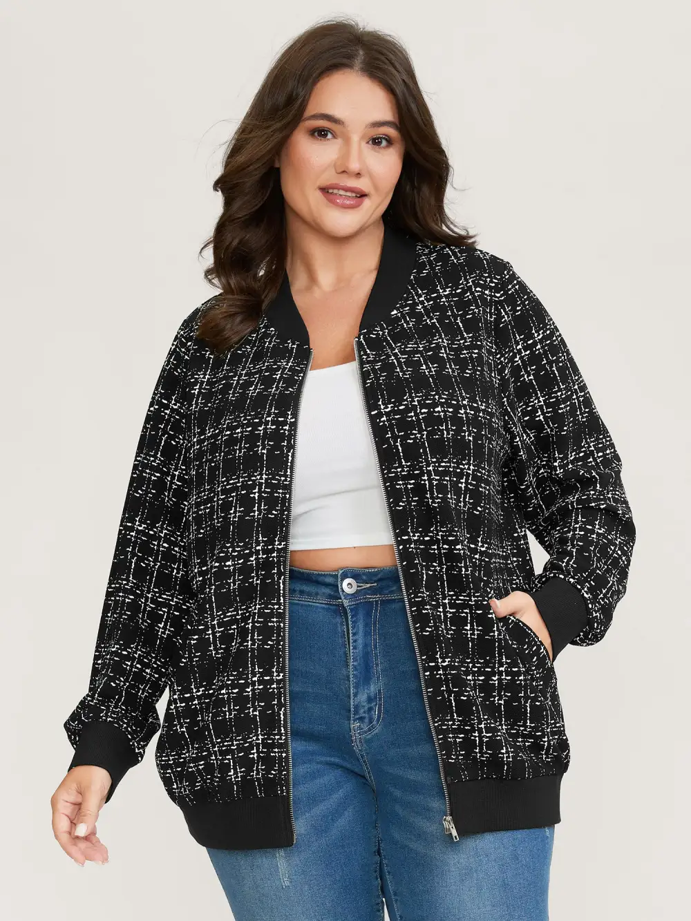 Tweed Color Contrast Zipper Jacket