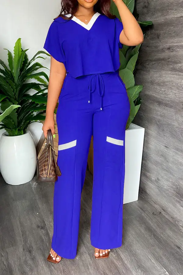 Patchwork Casual Lace-Up Pant Set
