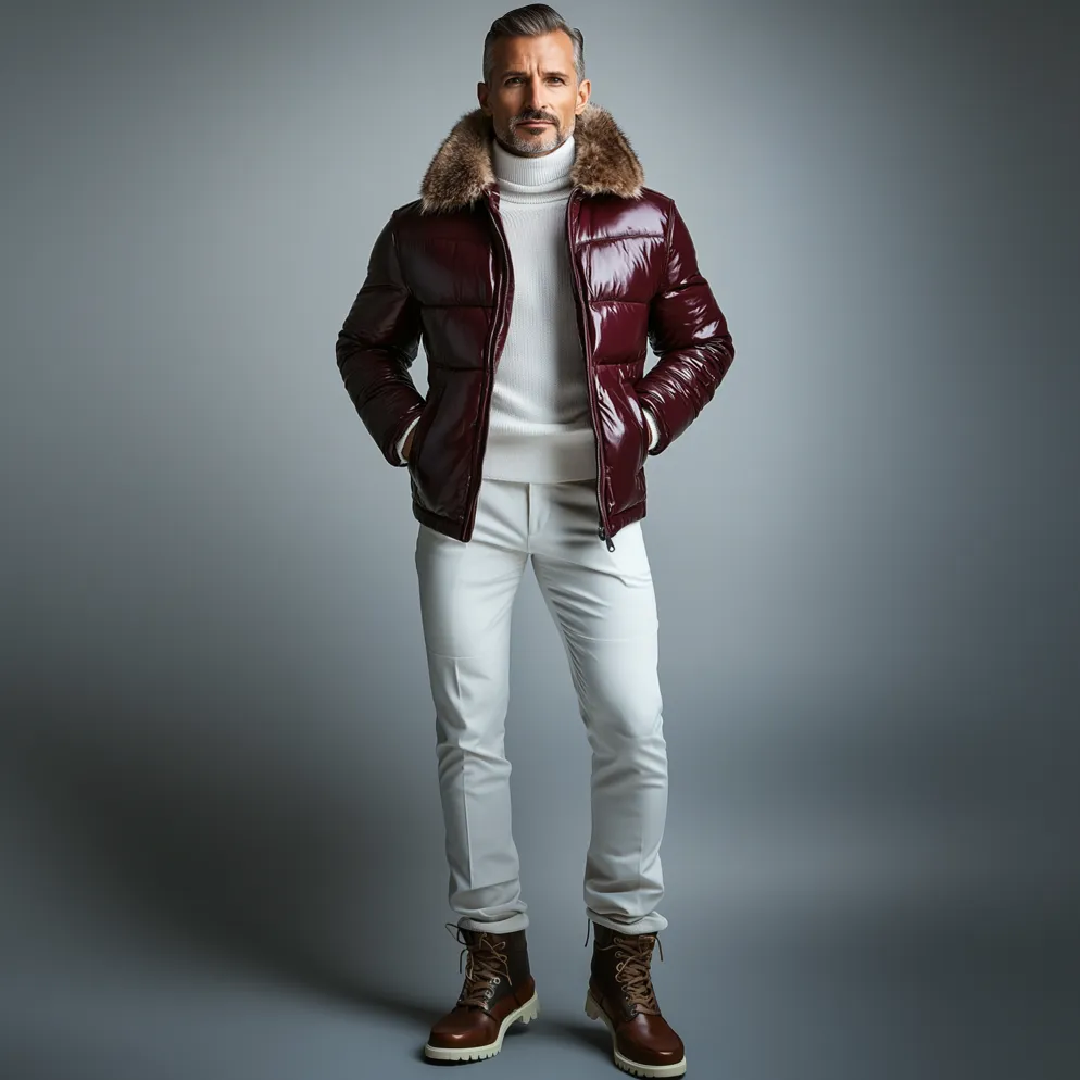 Men's Fuzzy Turndown Collar Patent PU Leather Pocket Cotton-Padded Coat