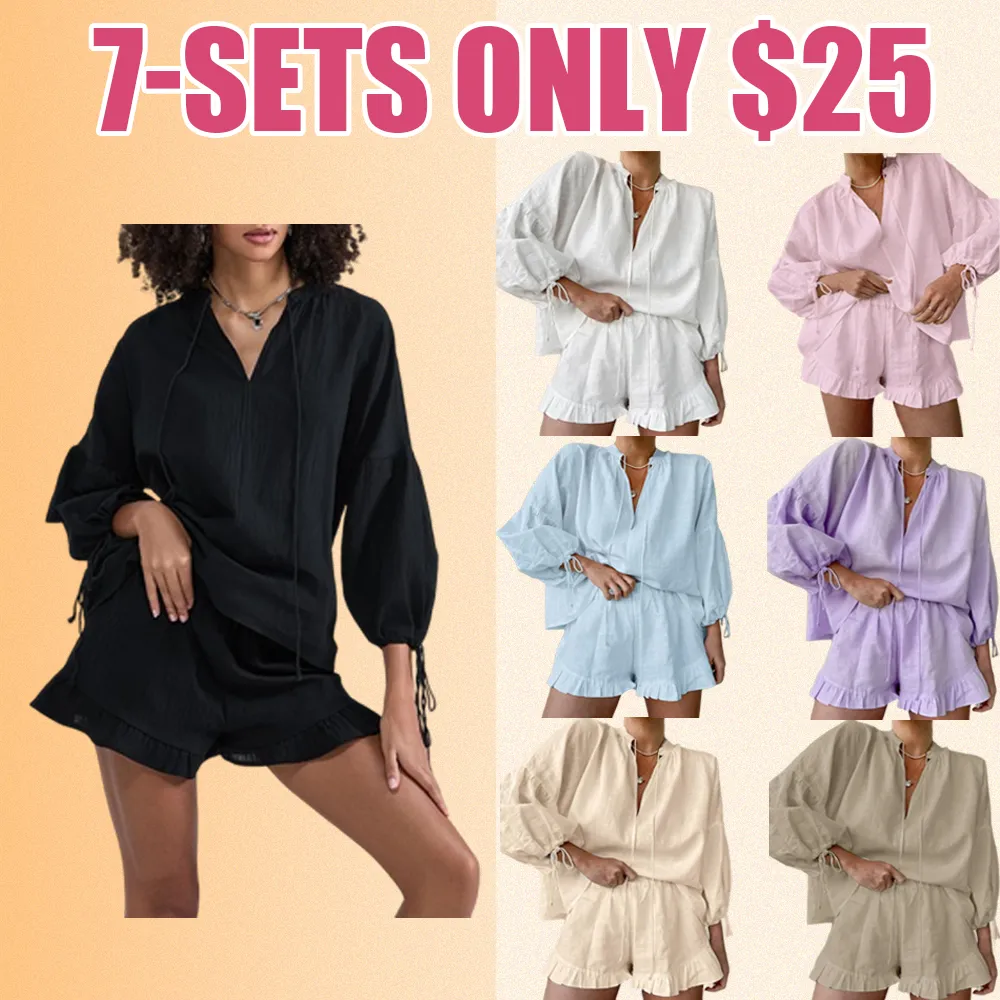 Women's Solid Color V-Neck Tie Top & Elastic Waist Shorts 2-Piece Summer Set